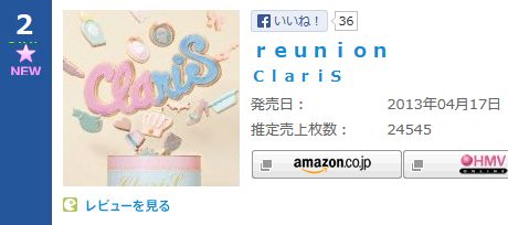 「reunion」（ClariS）が週間ランキング初登場2位