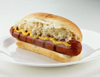 Grilled Hotdog with Sauerkraut and Mustard on a White Plate-659969